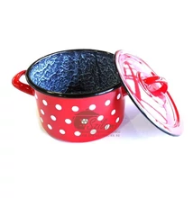 Zománcozott fazék fedővel 14 cm (1,25 literes)<br/> hagyományos piros pöttyös Ema-Lion Bonyhád